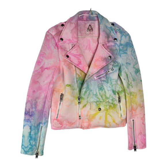 *RARE* UNIF I-Dye Tie Dye Moto Jacket Pastel Rainbow Multicolor - Picture 2 of 15